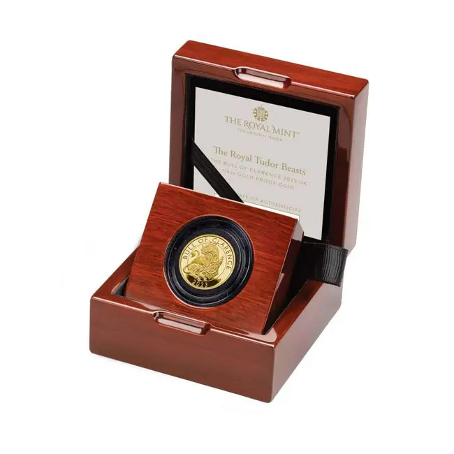 Zlatá mince Tudorovská zvířata - The Bull of Clarence 2023, 1/4 oz v etuji