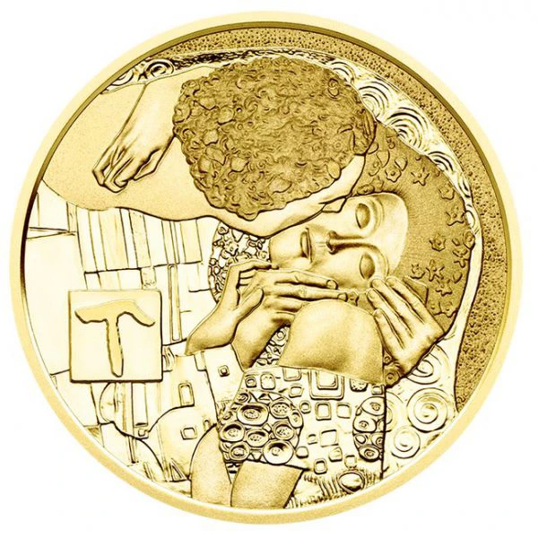 Gustav Klimt - Polibek, zlatá mince 