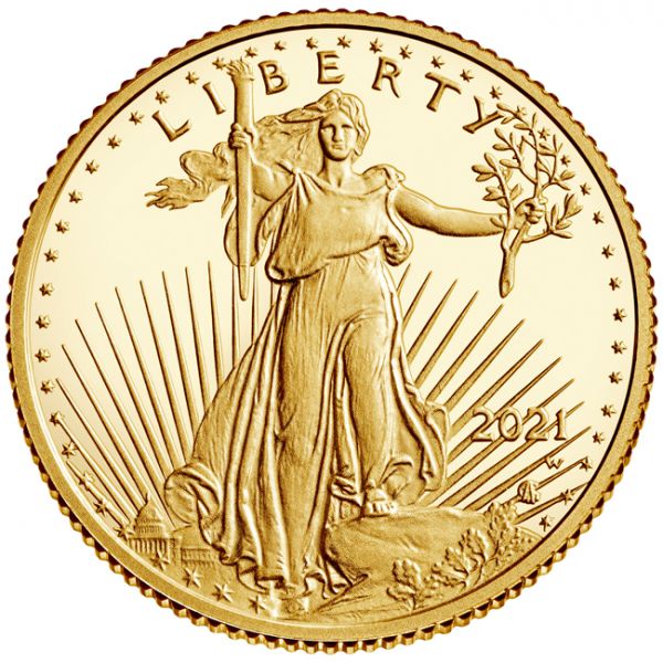 Zlatá mince 2021 American Eagle - nový design! 1/10 Oz PP