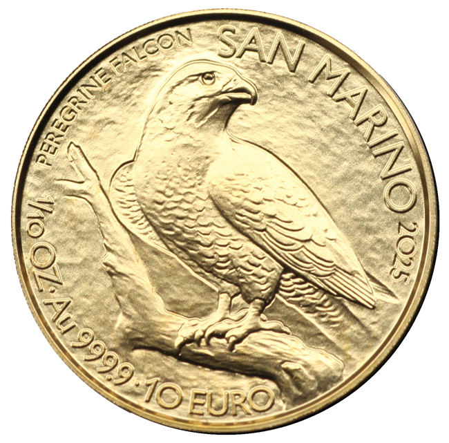 Zlatá mince San Marino - Sokol 2025, 1/10 oz