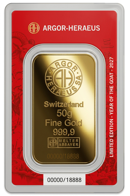 Zlatý slitek Argor Heraeus - Rok kozy 2027, 50 g