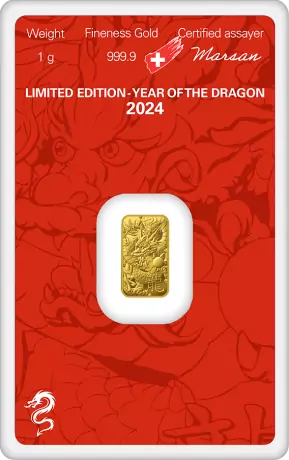 Zlatý slitek Argor Heraeus 1 g - Rok draka 2024