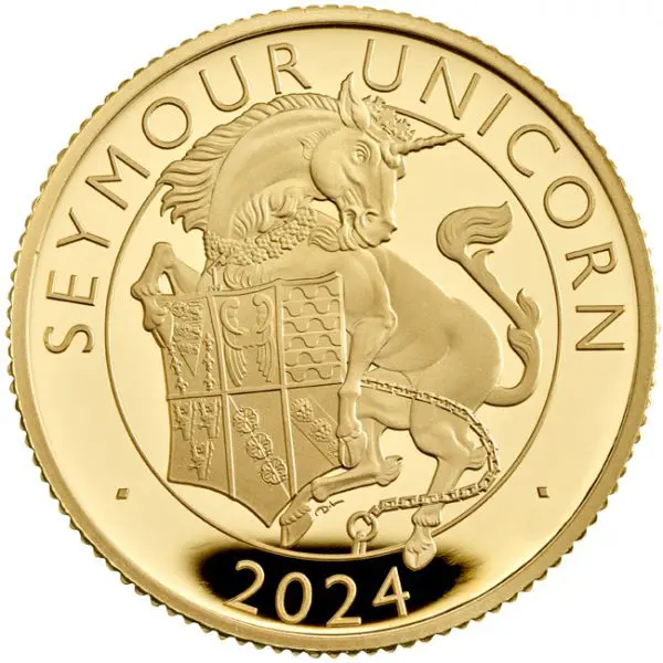 Zlatá mince Tudorovská zvířata v etuji - Seymour Unicorn 2024, 1/4 oz