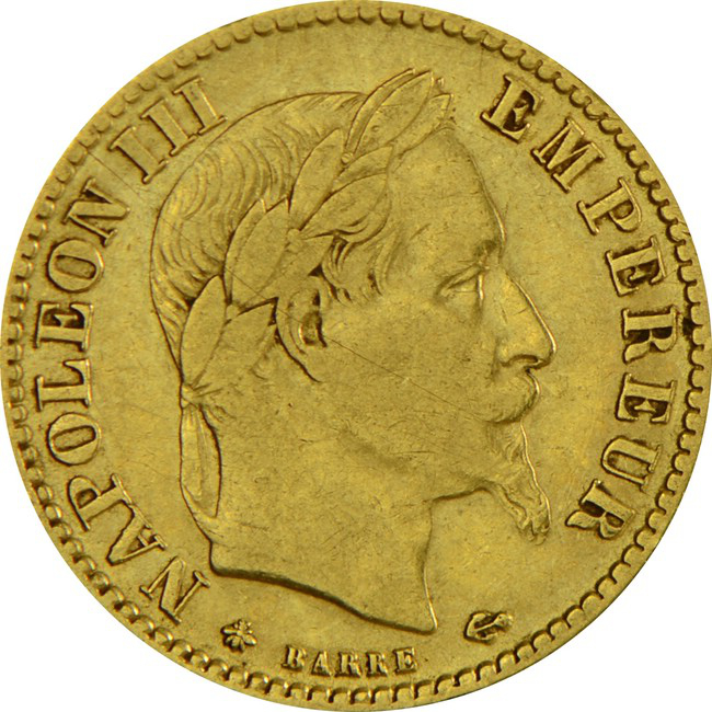 Zlatá mince 10&nbsp;franků Napoléon III (s vavřínovým věncem) - různé roky, Francie,  